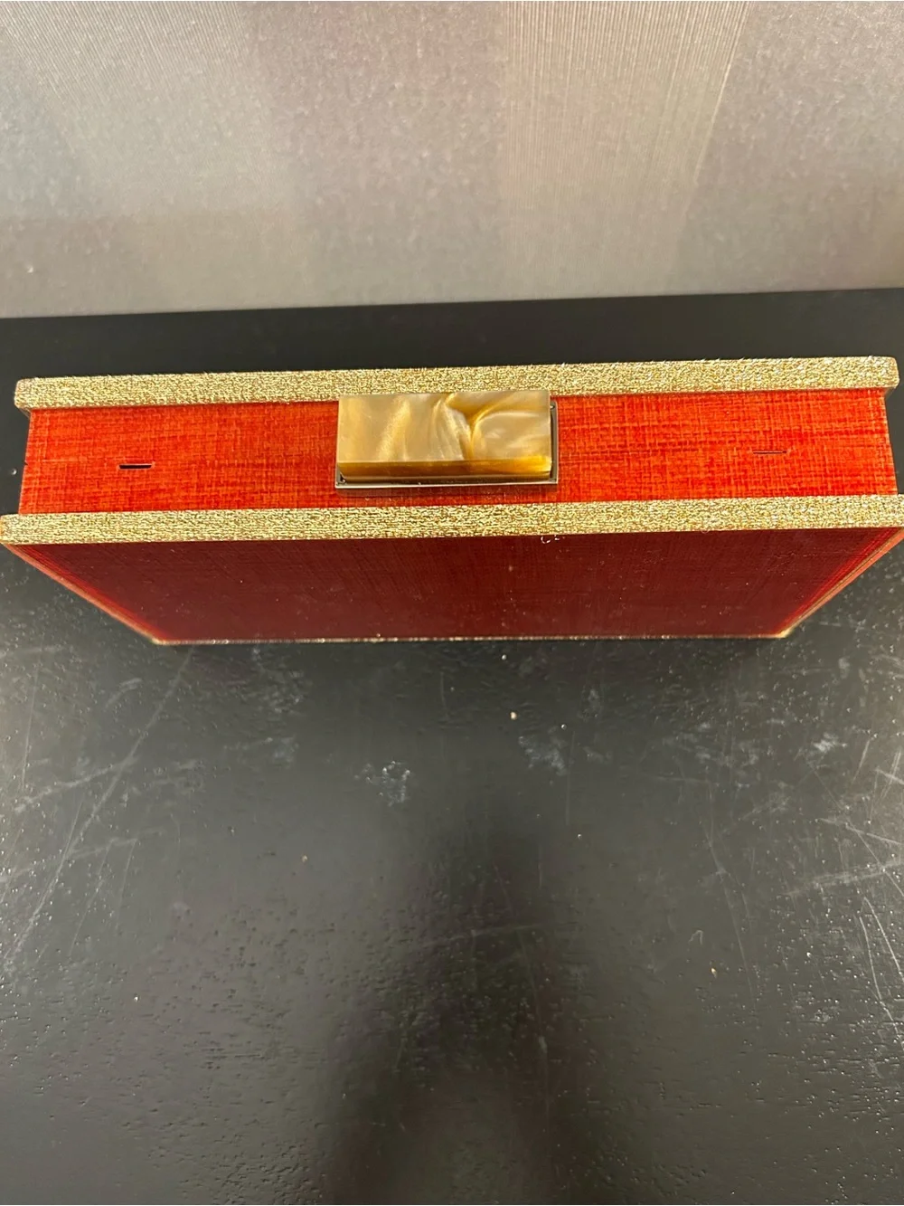Sondra Roberts Red/Orange Evening Box Clutch with Gold Trim